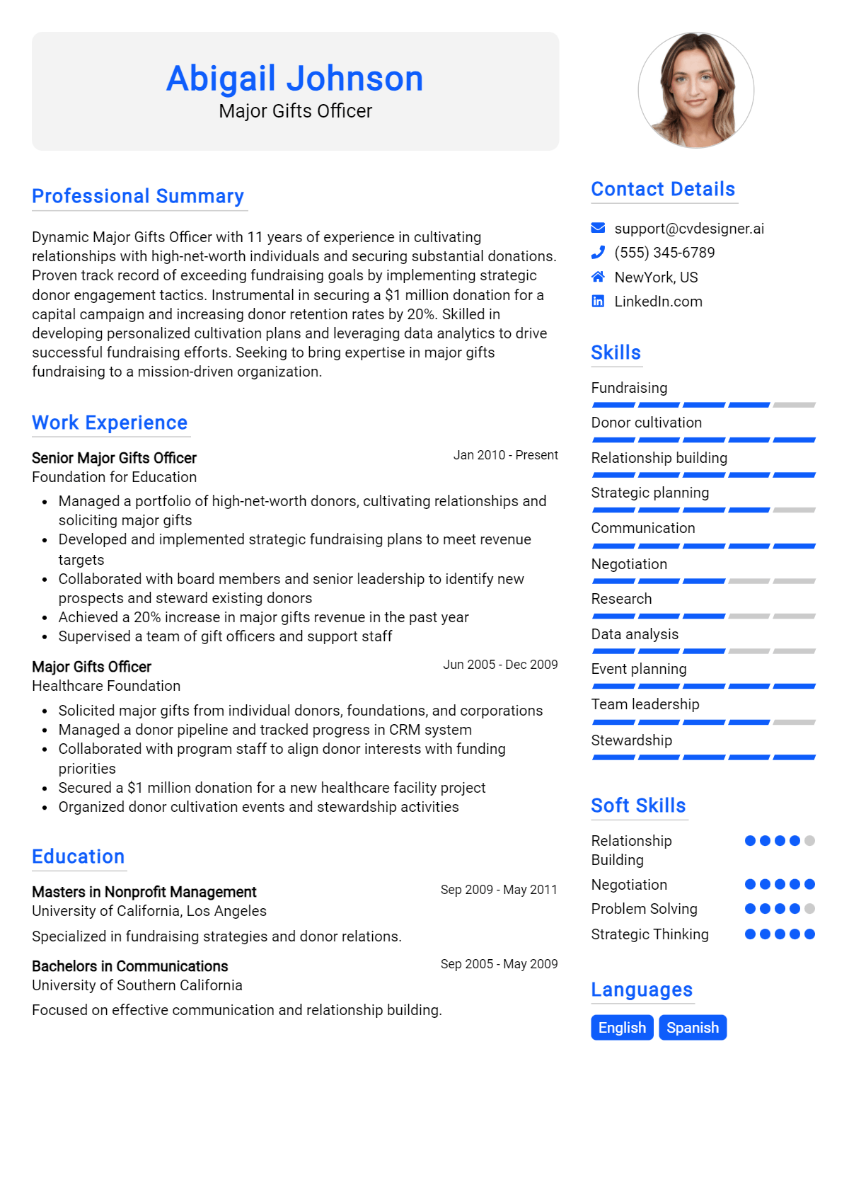 Major Gifts Officer Resume Example
