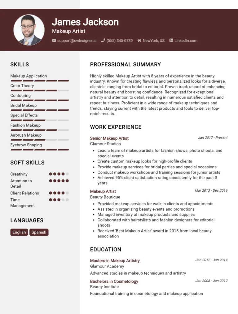 Makeup Artist CV Example For 2025: Examples & Free Templates