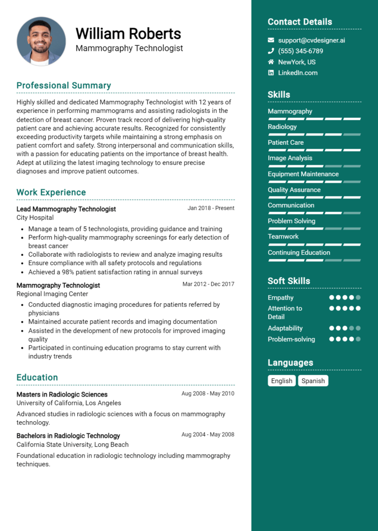 Mammography Technologist Resume Example for 2025: Examples & Free Templates