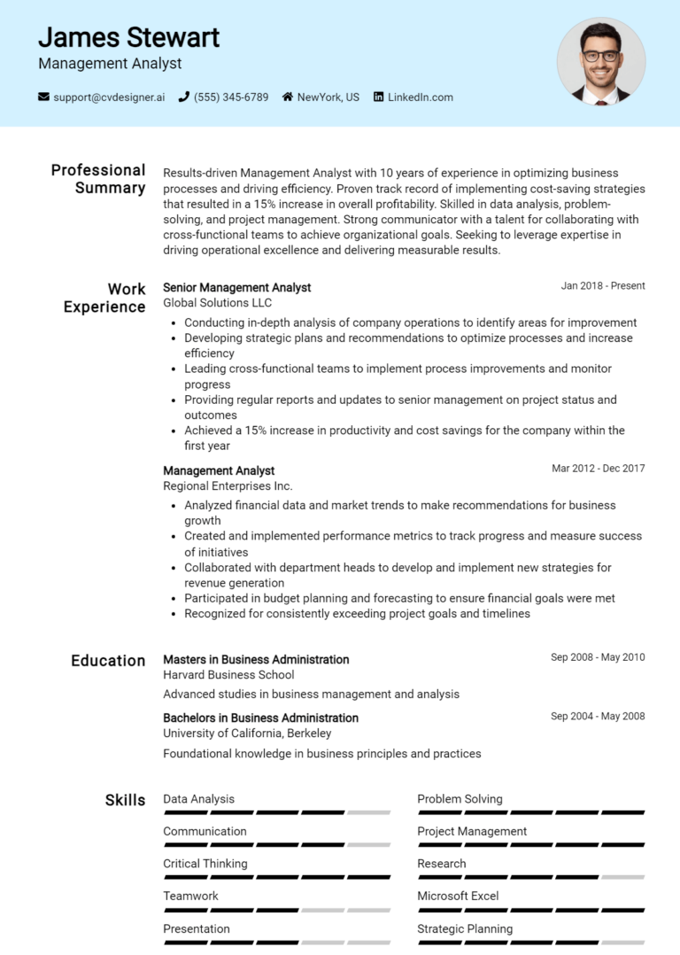 Management Analyst Resume Example for 2025: Resume Guide