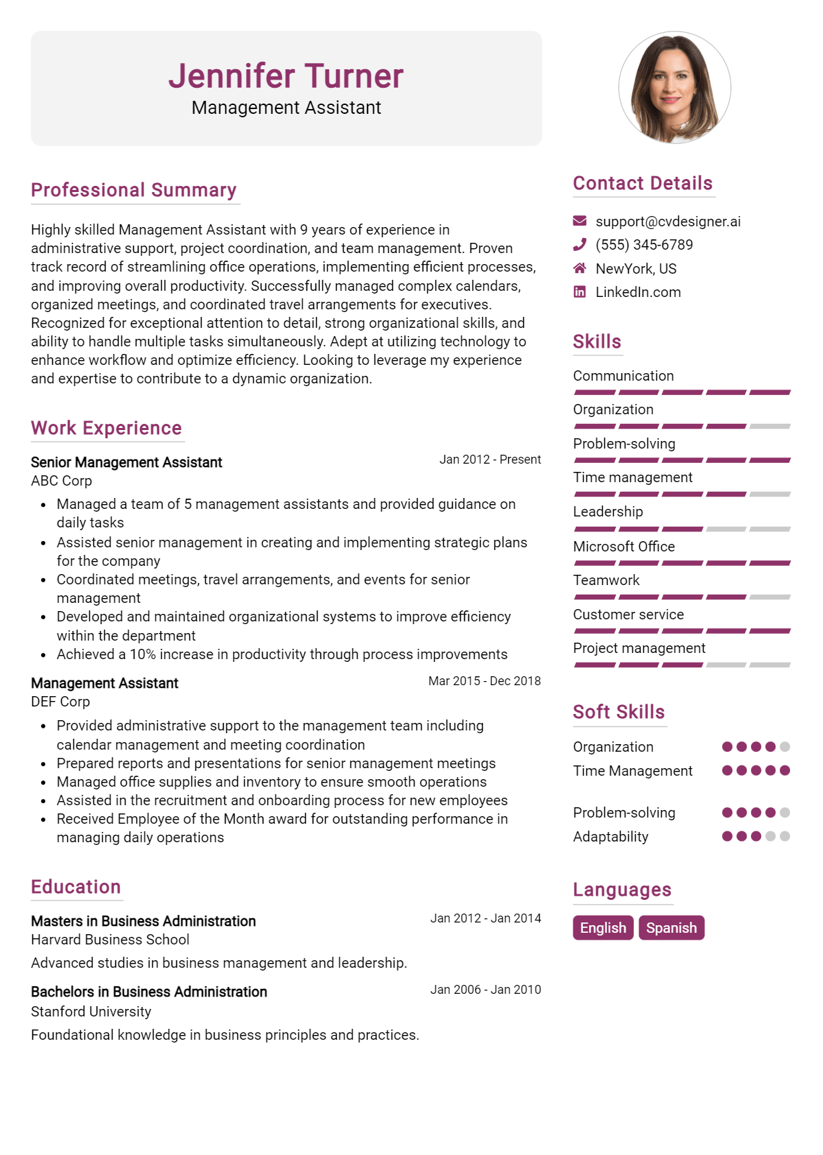 Management Assistant Resume Example