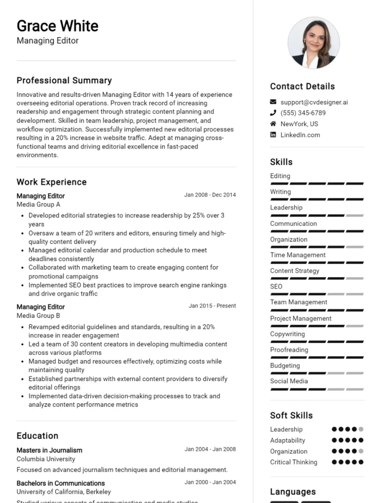 Managing Editor CV Example For 2025: Best Tips & Templates