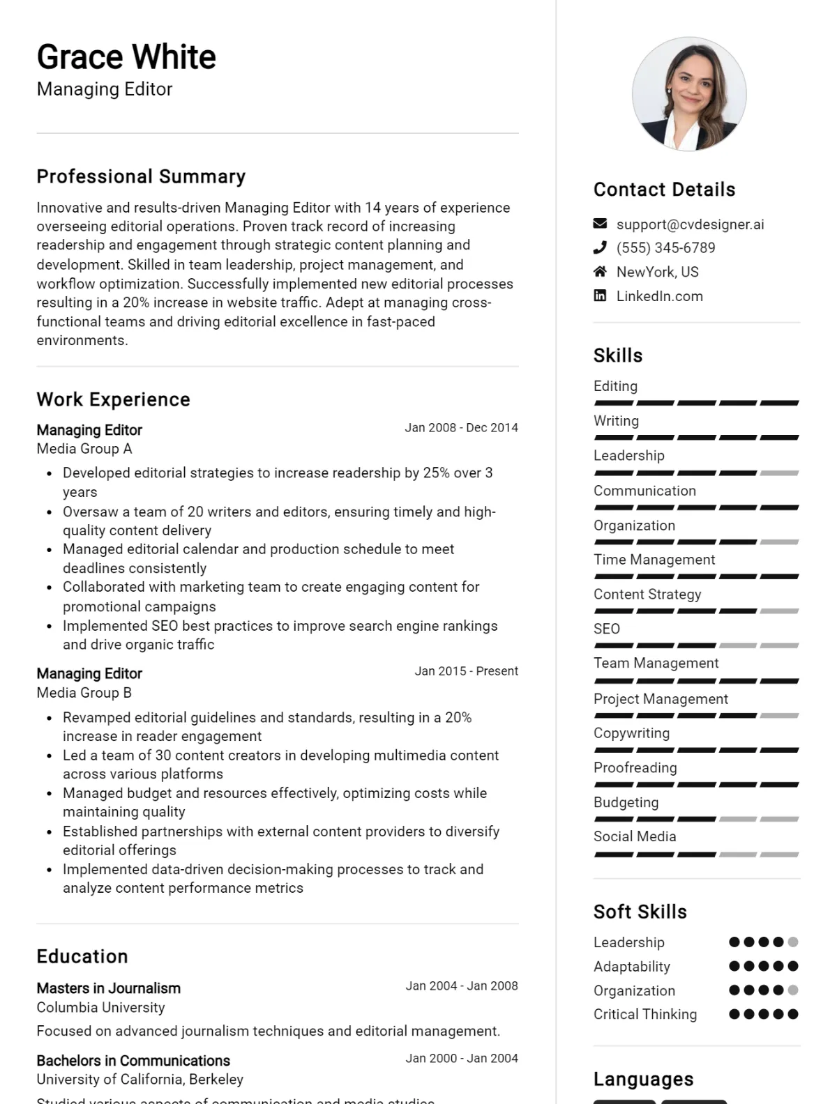 Managing Editor CV Example For 2024: Best Tips & Templates - CVDesigner.ai