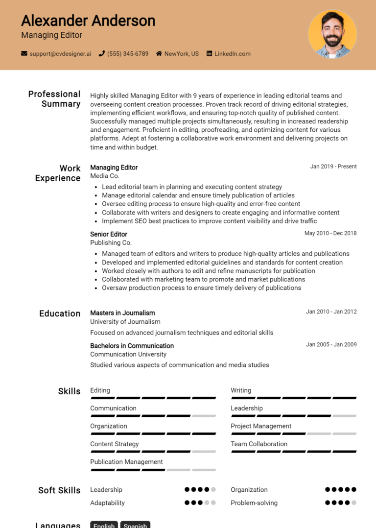Managing Editor Resume Example for 2025: Best Writing Tips