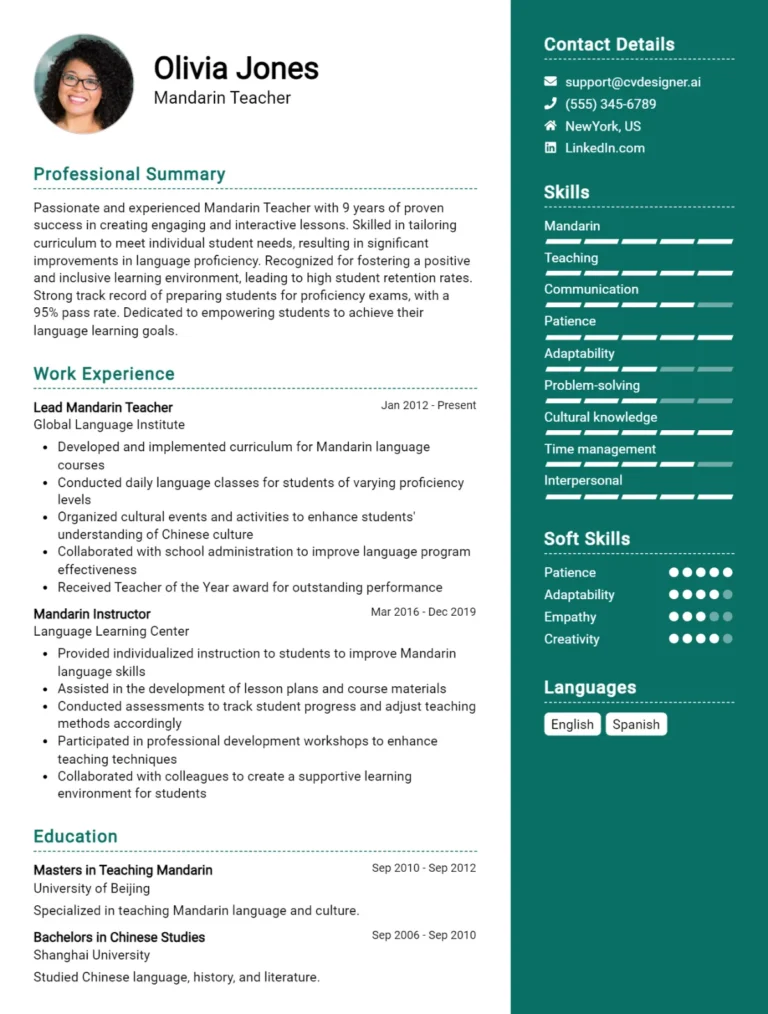 Mandarin Teacher CV Example For 2025: Ultimate Guide