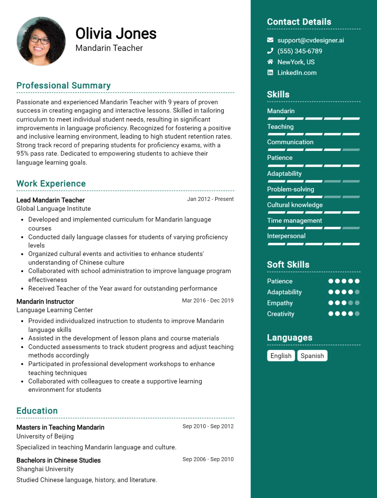 Mandarin Teacher CV Example