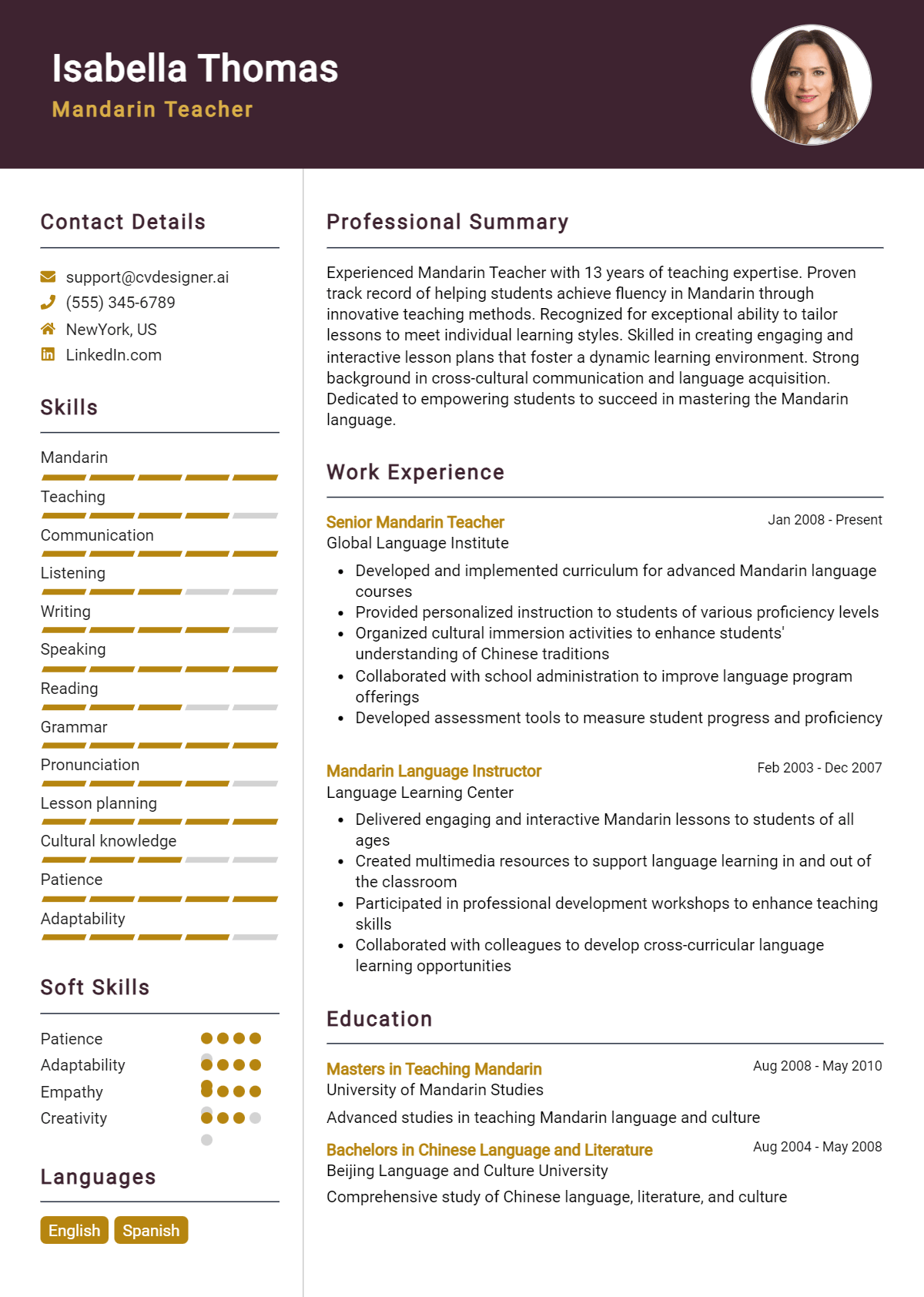 Mandarin Teacher Resume Example