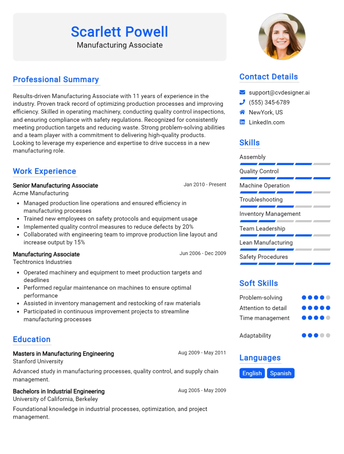 Manufacturing Associate CV Example