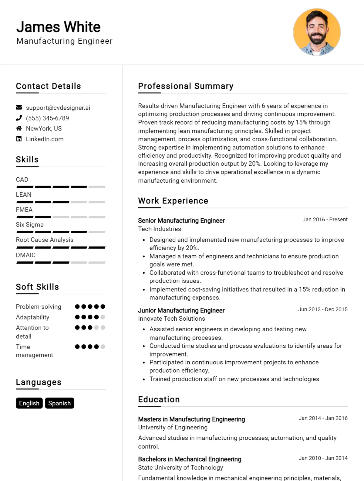 Manufacturing Engineer CV Example