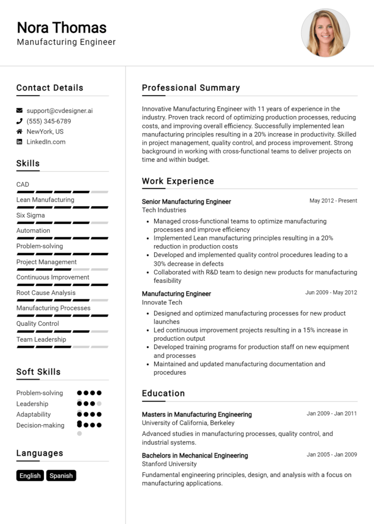 Manufacturing Engineer Resume Example for 2024: Samples & Best ...