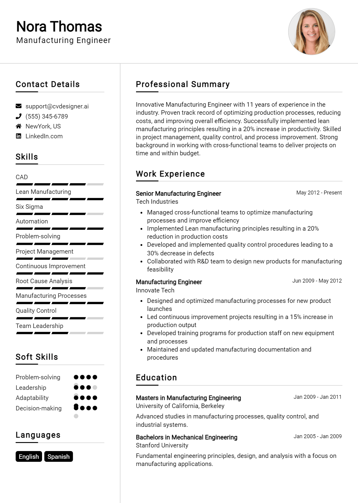Manufacturing Engineer Resume Example