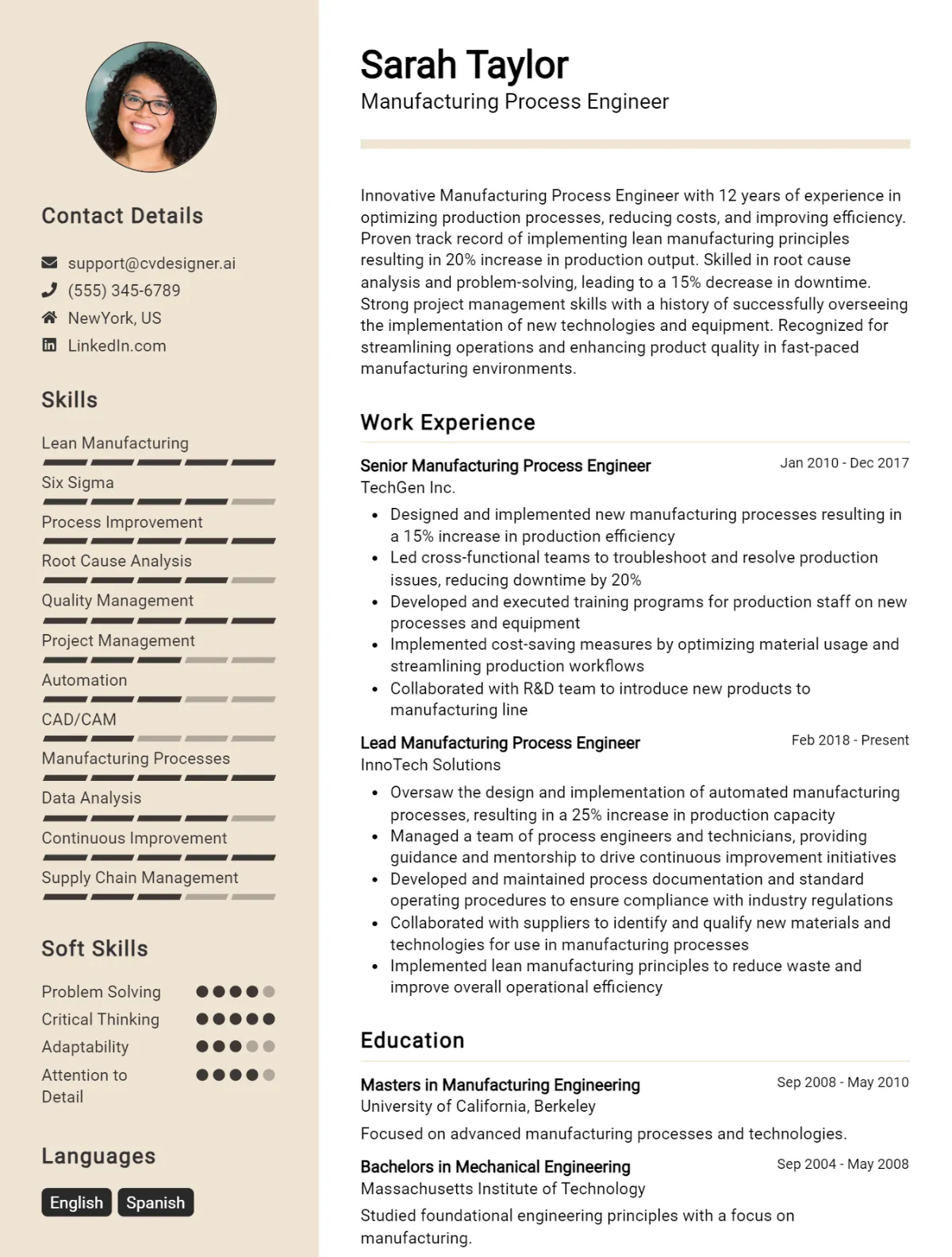 Manufacturing Process Engineer CV Example