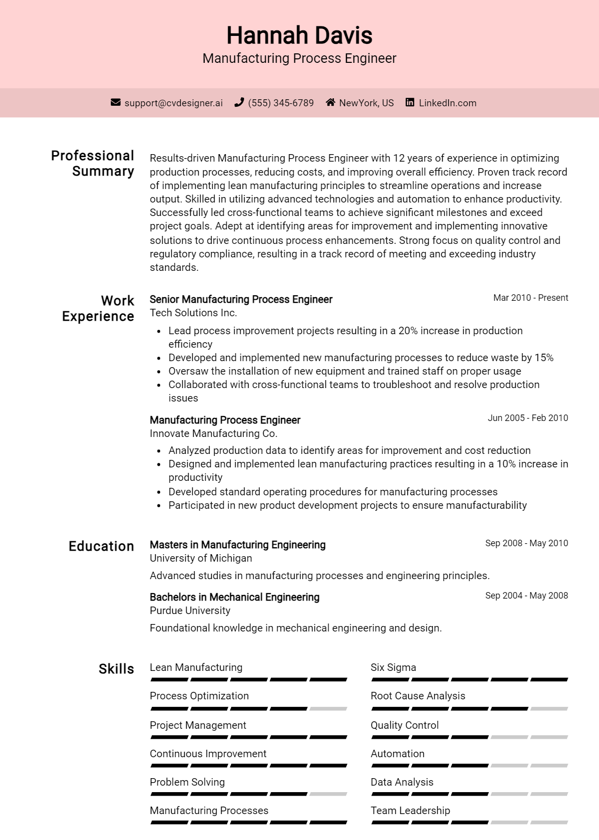 Manufacturing Process Engineer Resume Example