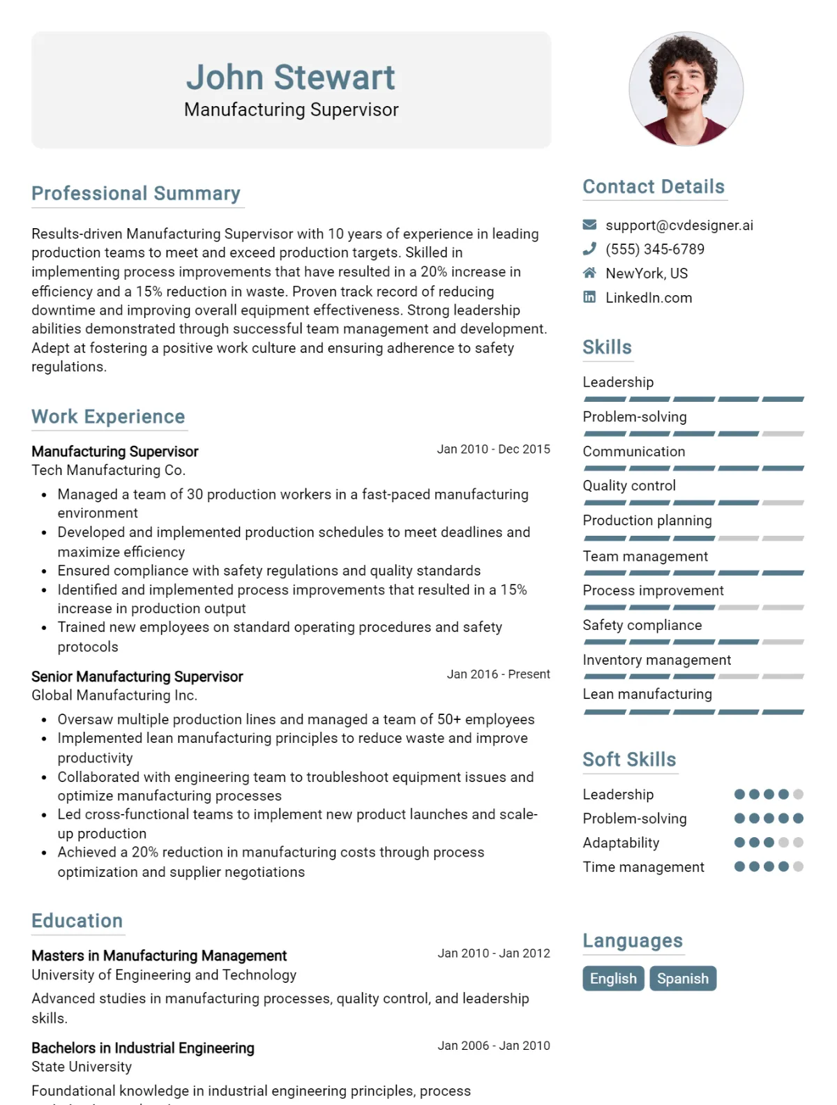 Manufacturing Supervisor CV Example
