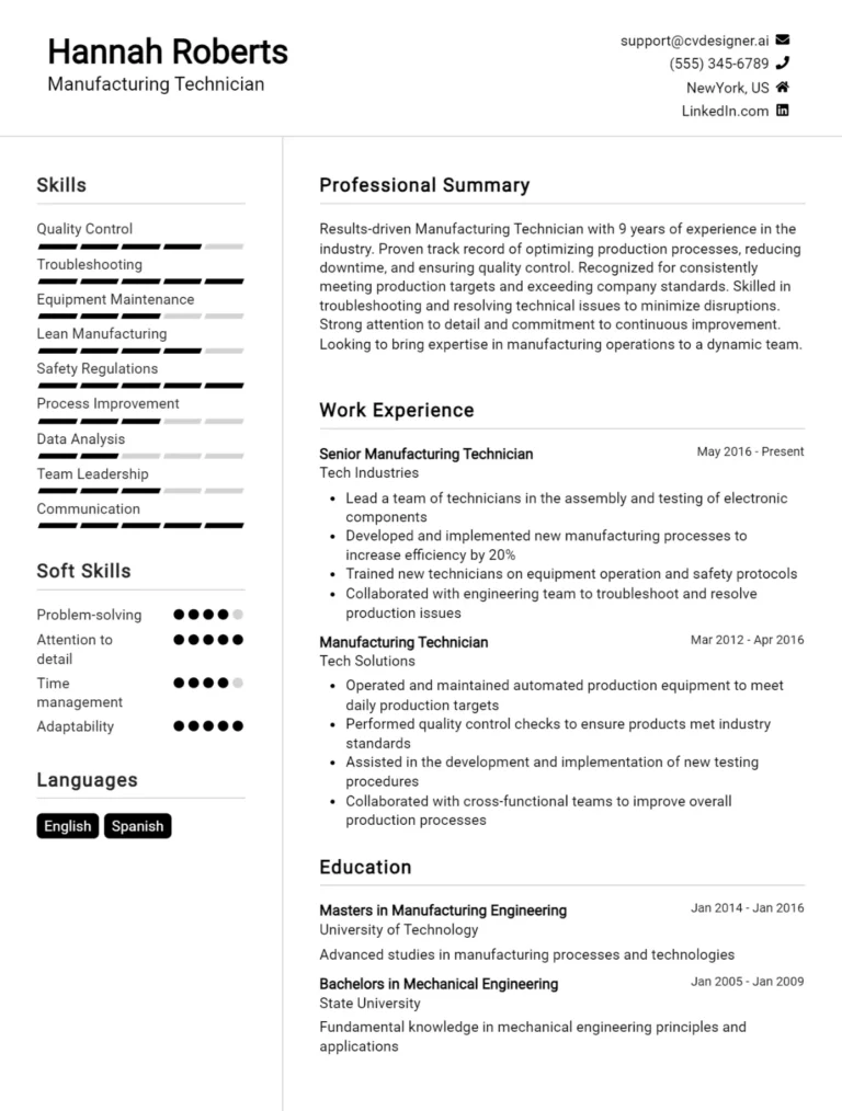 Manufacturing Technician CV Example For 2025: Best Tips & Templates