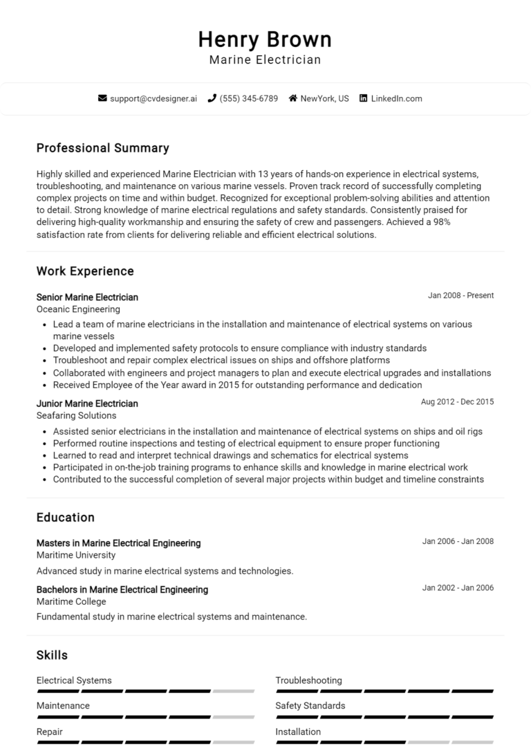 Marine Electrician Resume Example for 2025: How to Create a Professional CV