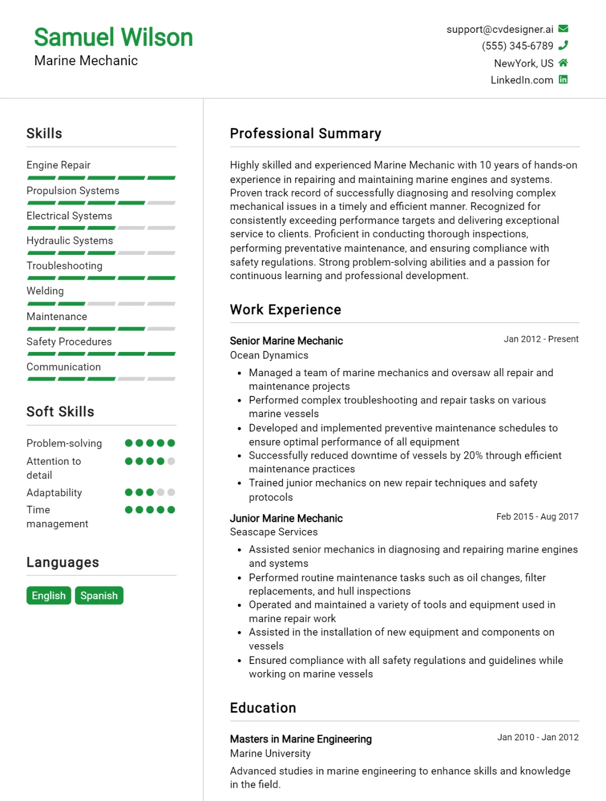 Marine Mechanic CV Example