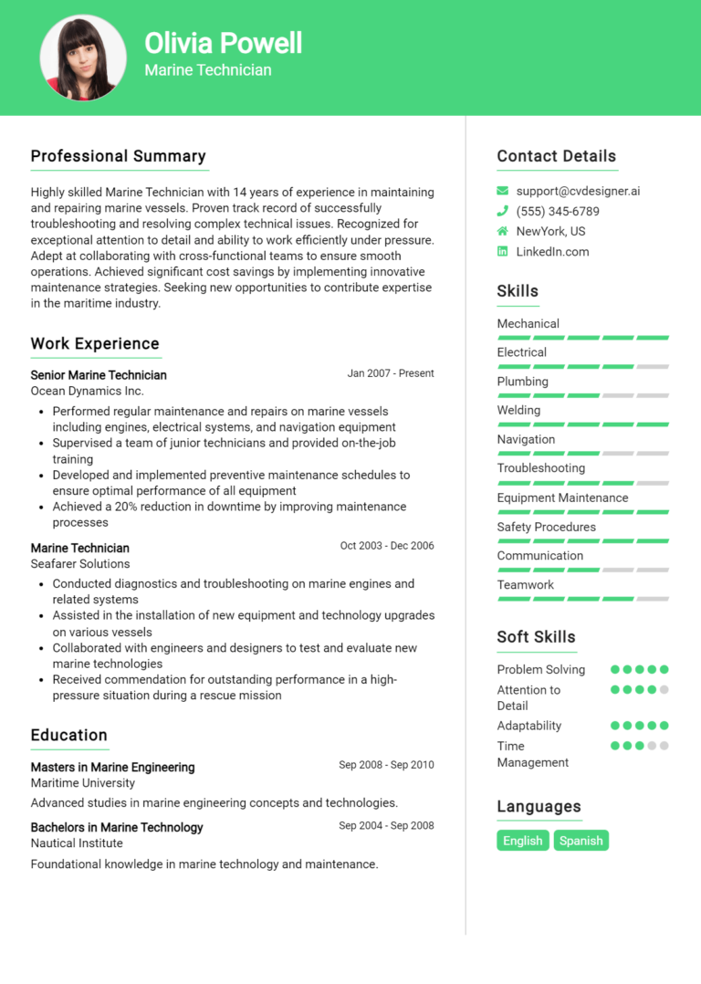Marine Technician Resume Example for 2025: Effective CV Writing Tips