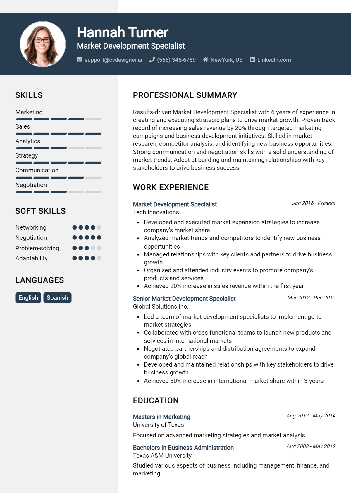 Market Development Specialist Resume Example