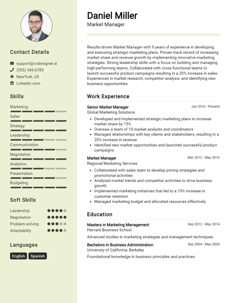 Market Manager CV Example For 2025: Top CV Skills