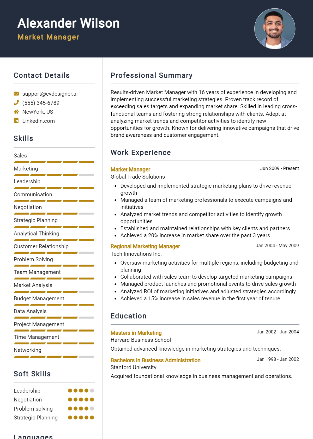 Market Manager Resume Example