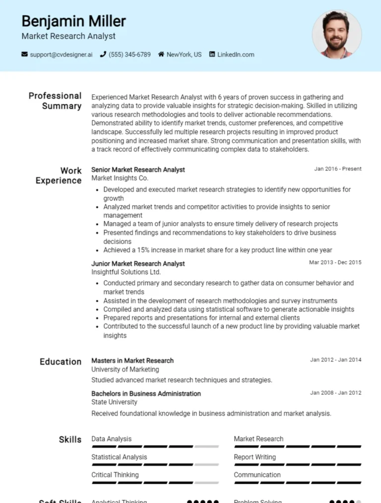 Market Research Analyst CV Example For 2025: Samples & Best Practices