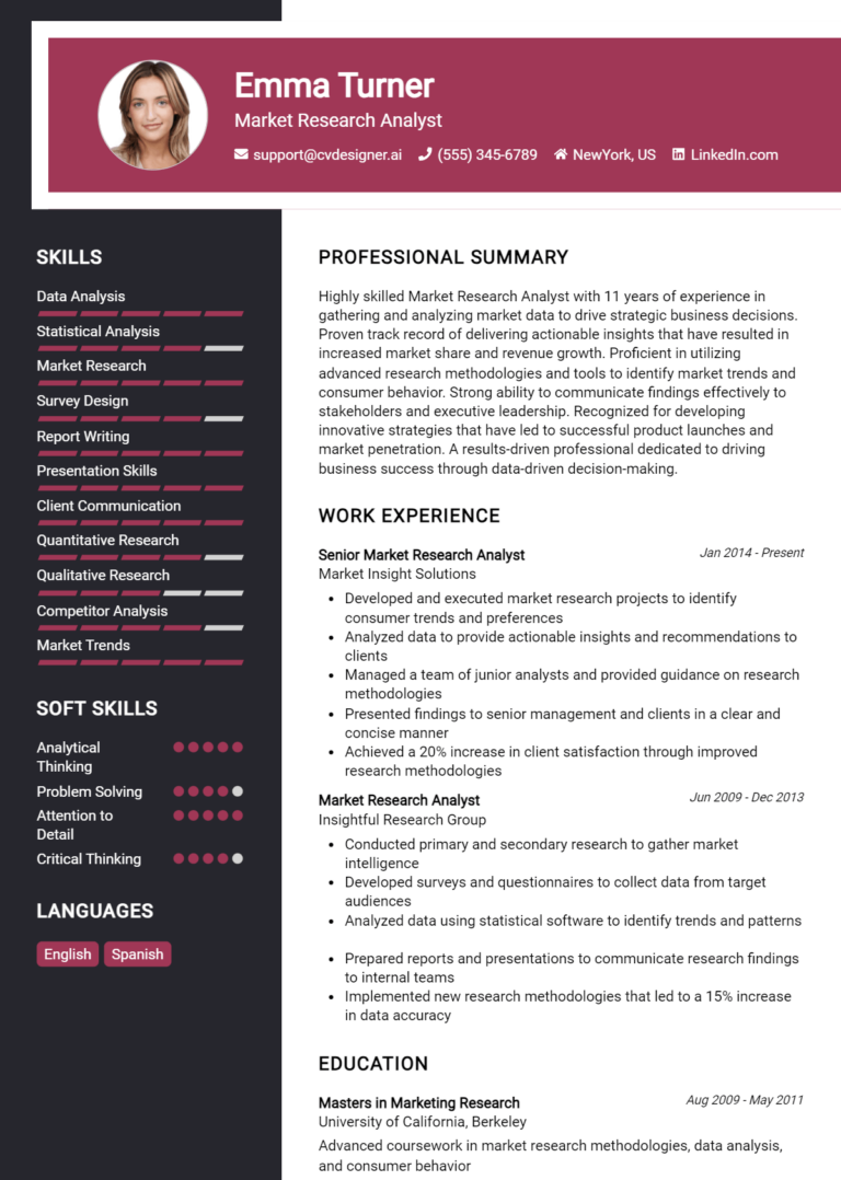 Market Research Analyst Resume Example for 2025: Ultimate Guide