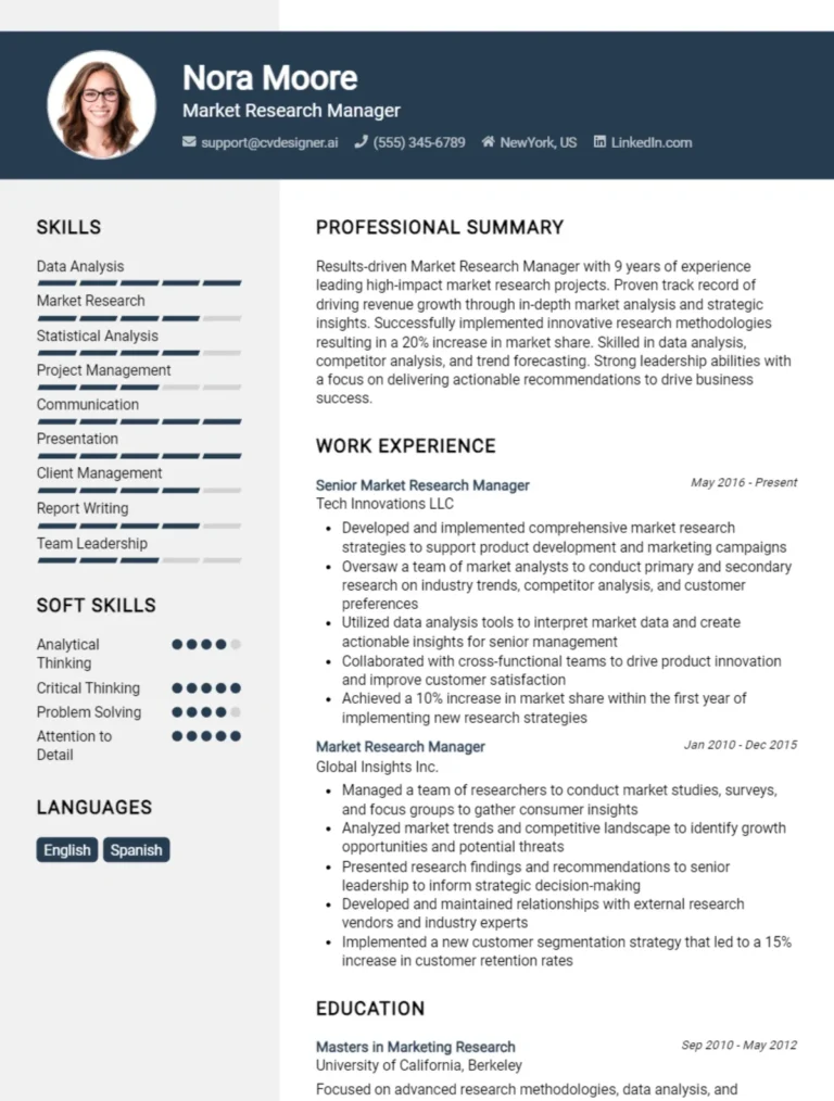 Market Research Manager CV Example For 2025: Samples & Best Practices