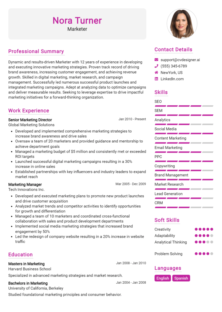 Marketer Resume Example for 2025: Free Samples