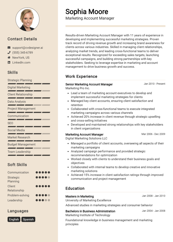 Marketing Account Manager Resume Example