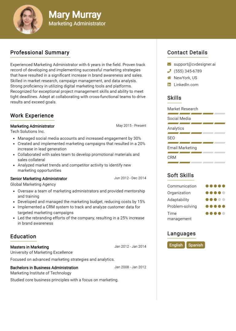 Marketing Administrator Resume Example for 2025: Best Writing Tips