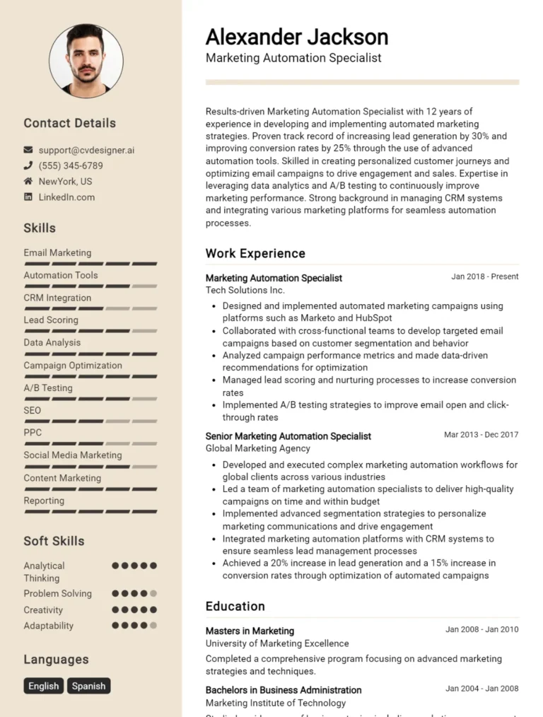 Marketing Automation Specialist CV Example For 2025: Best Writing Guide