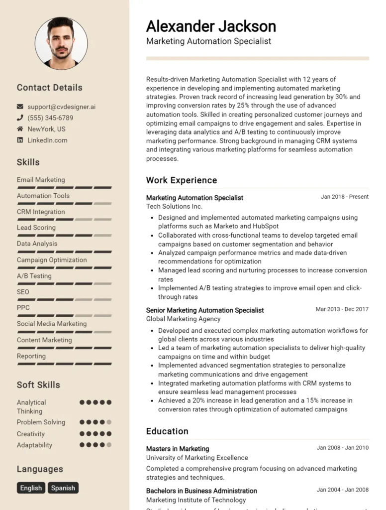 Marketing Automation Specialist CV Example