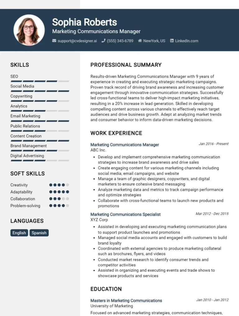 Marketing Communications Manager CV Example For 2025: Professional CV Templates