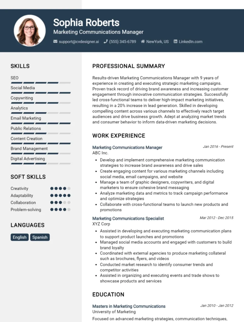 Marketing Communications Manager CV Example