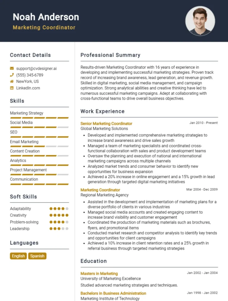 Marketing Coordinator CV Example For 2025: Free Professional Templates