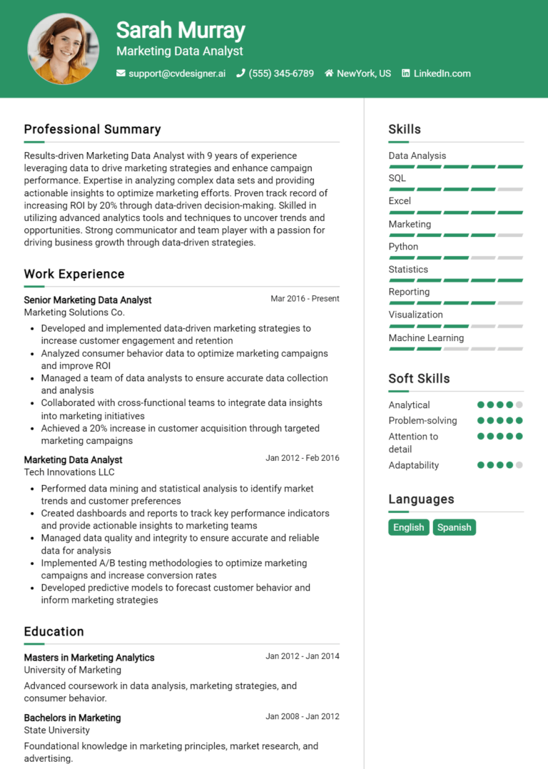 14 Marketing Data Analyst Resume Examples for 2025: Tips to Stand Out