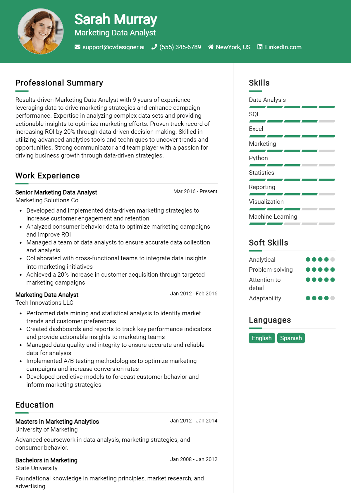 Marketing Data Analyst Resume Example