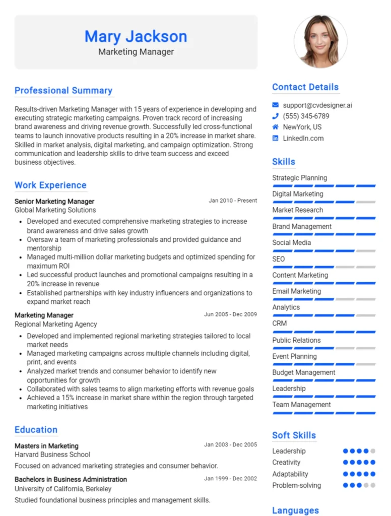 Marketing Manager CV Example