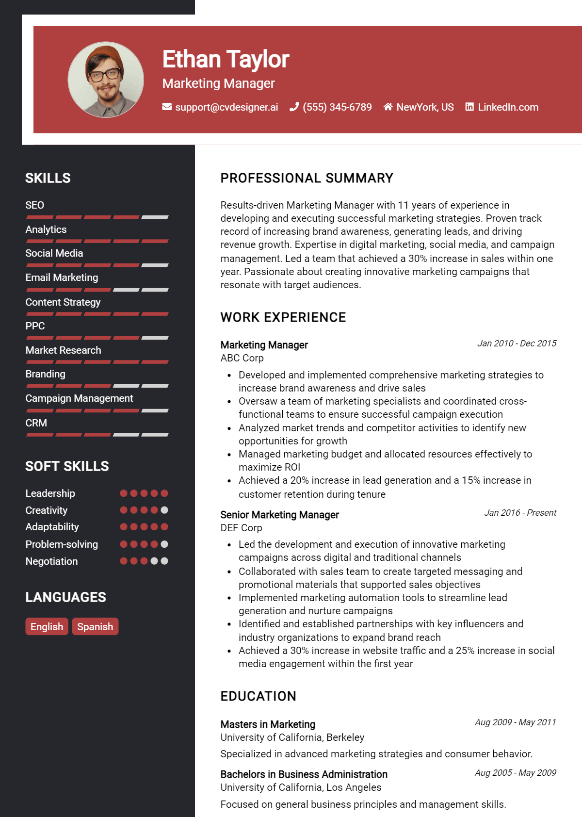 Marketing Manager Resume Example