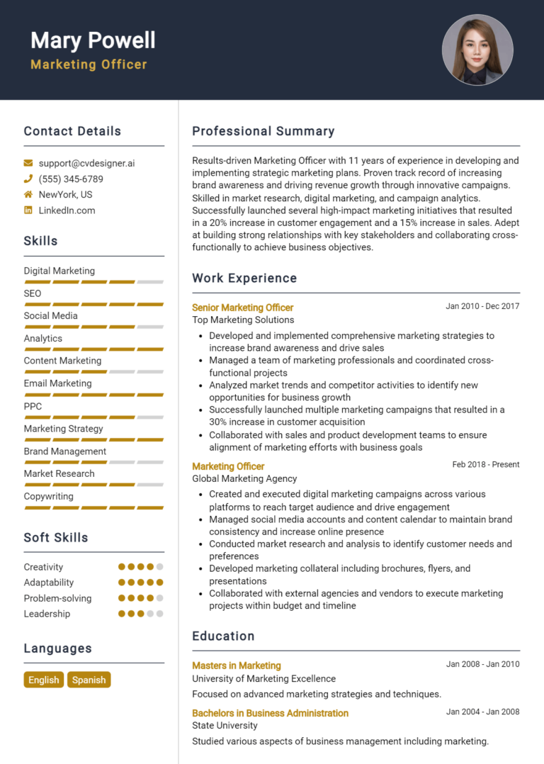 Marketing Officer Resume Example for 2025: Effective Tips