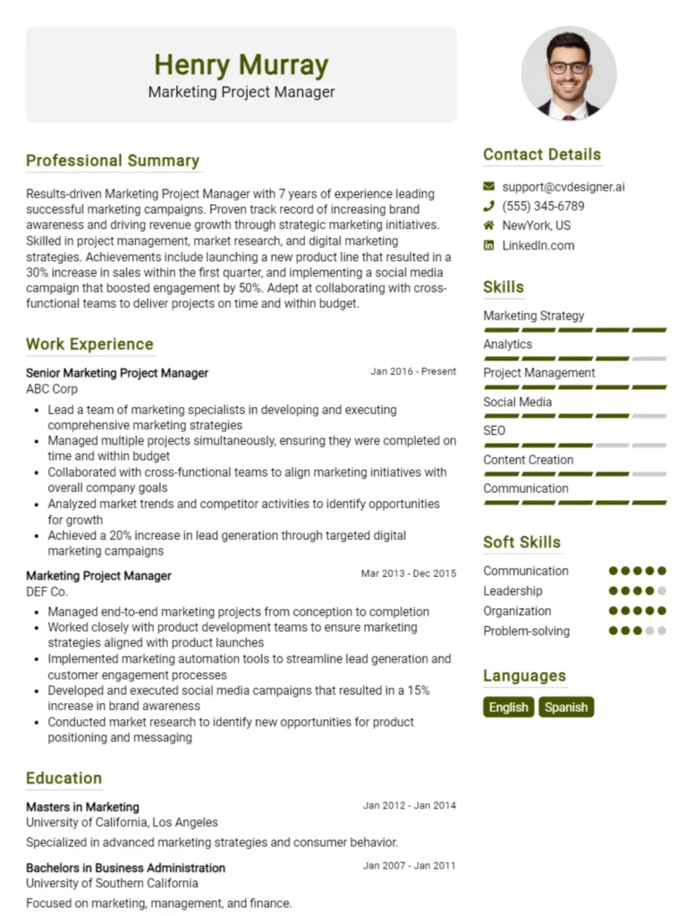 Marketing Project Manager CV Example