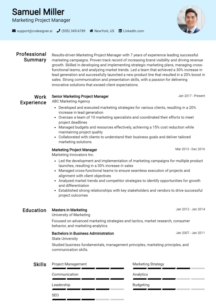 Marketing Project Manager Resume Example