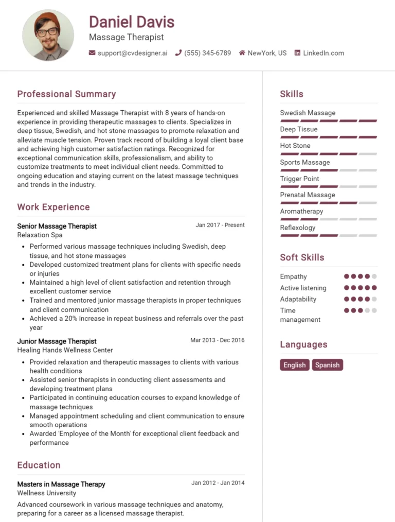 Massage Therapist CV Example For 2025: Tips to Stand Out