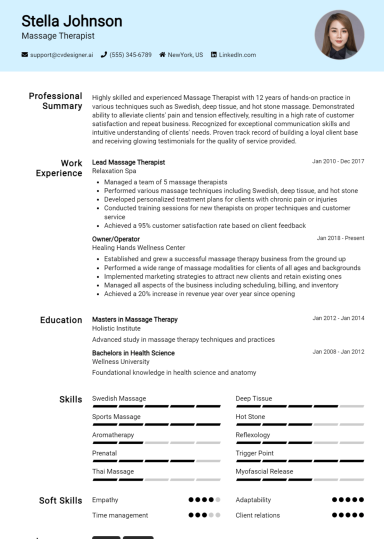 Massage Therapist Resume Example for 2025: Professional CV Templates
