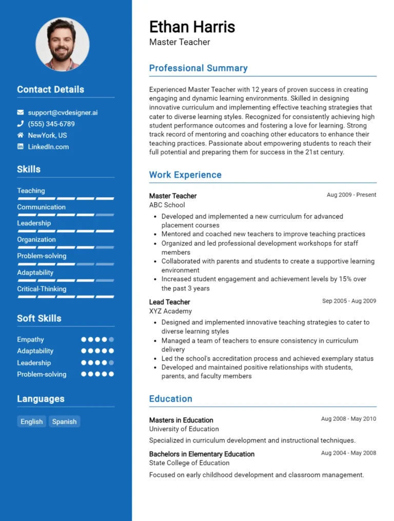 Master Teacher CV Example For 2025: Effective CV Writing Tips