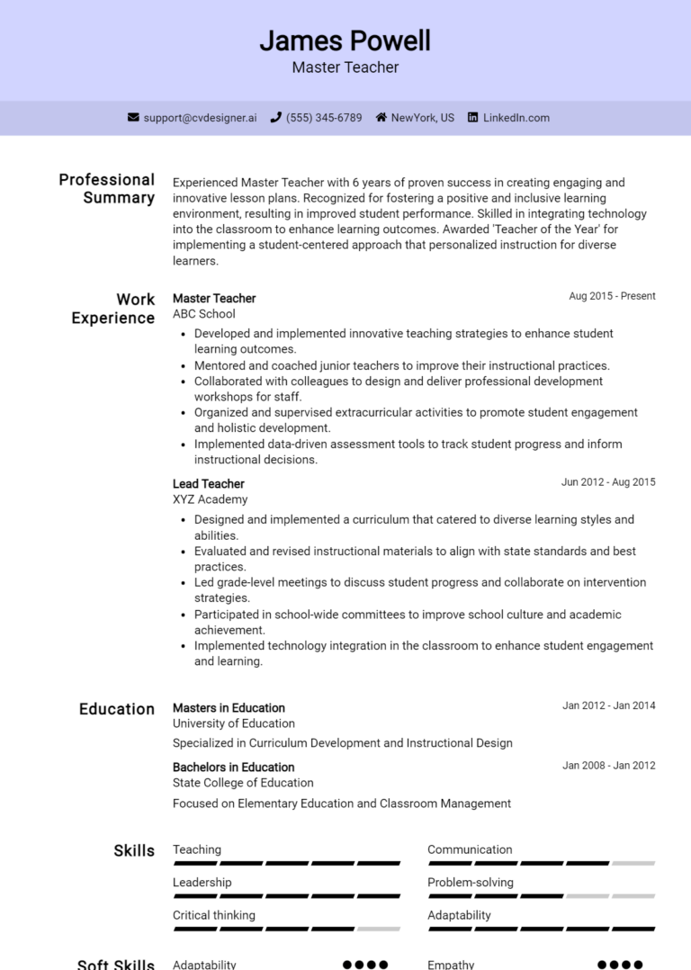 Master Teacher Resume Example for 2025: Top CV Skills