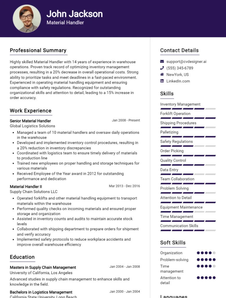 Material Handler CV Example For 2025: Top CV Skills