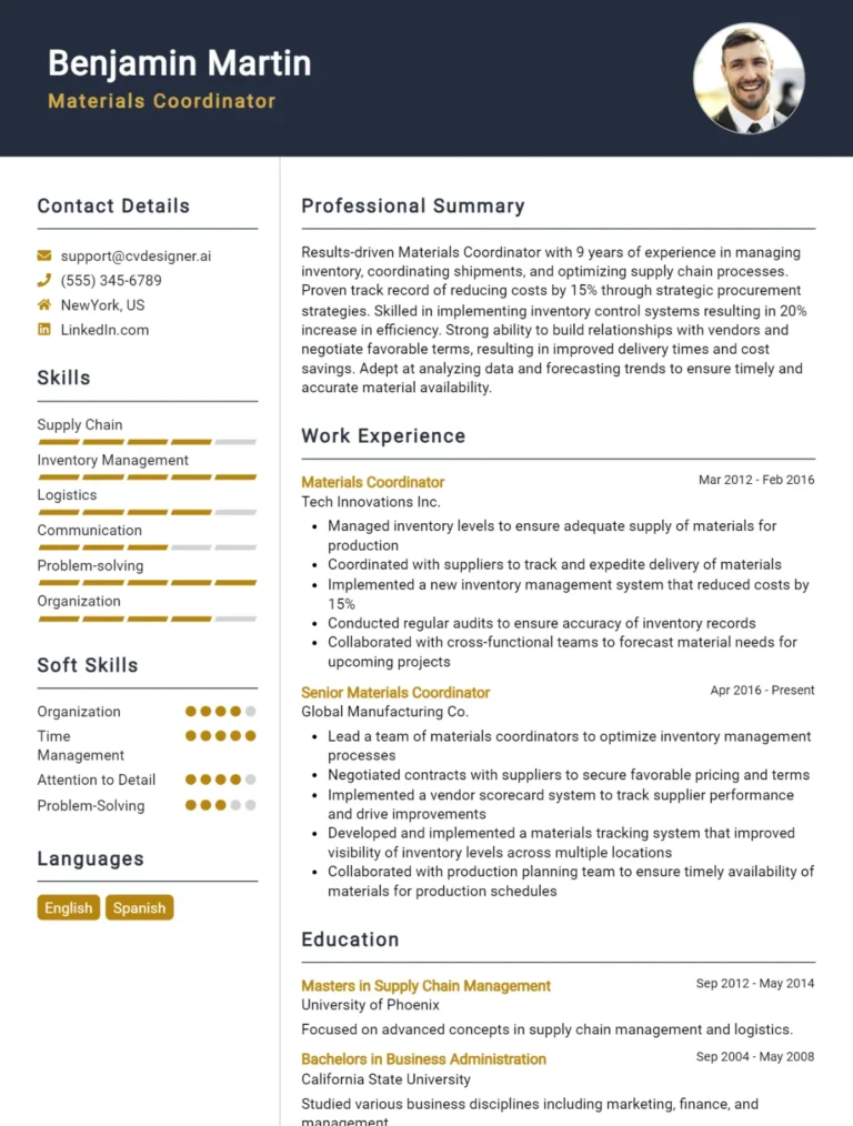 Materials Coordinator CV Example For 2025: Tips to Stand Out