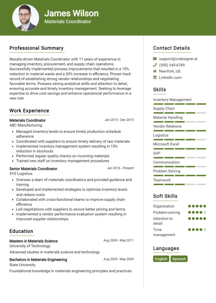 Materials Coordinator Resume Example